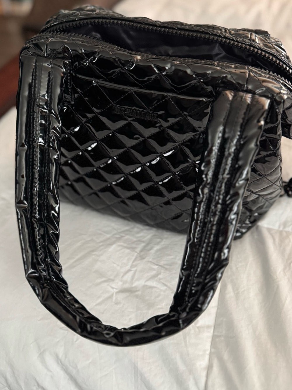 MZ Wallace Medium Sutton Deluxe Quilted Patent Satchel Bag - Black